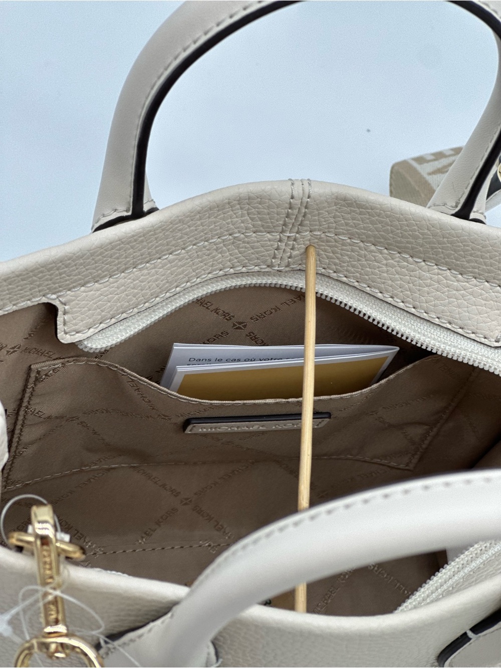 Michael Kors Cream Leather Satchel with Logo Strap and MK Charm - Picture 8 of 10